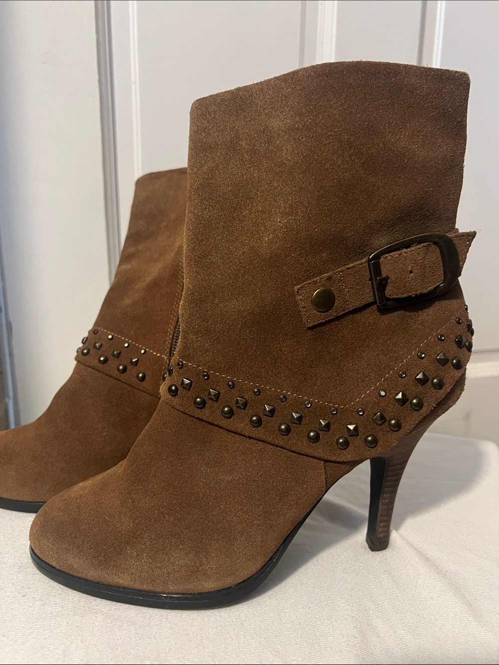 Brown Suede Studded Ankle Booties with Buckle Accent